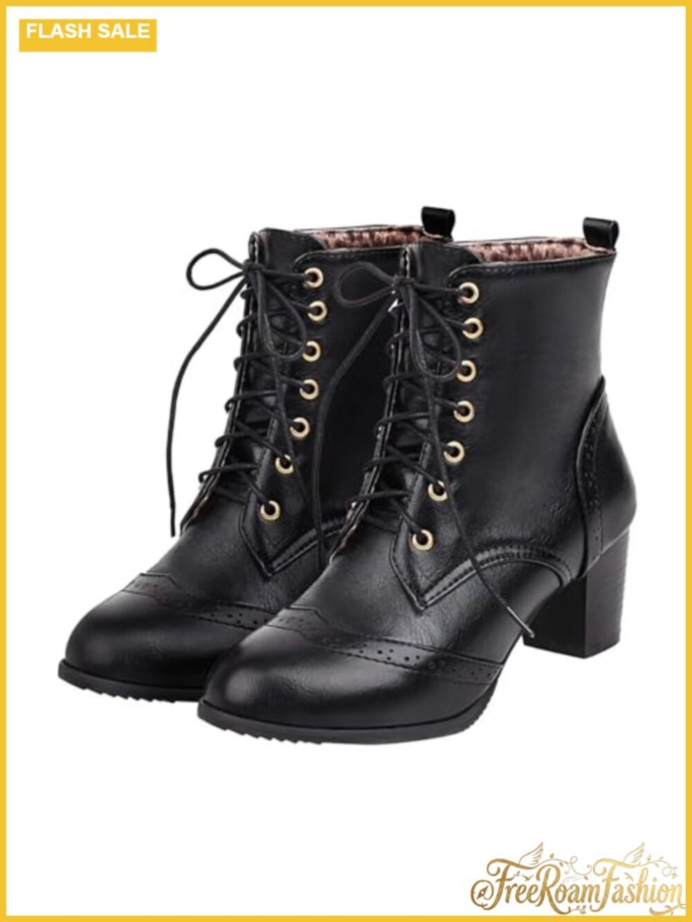Lace Up Ankle Boots Chunky Block Heel Round Toe Brogue Booties
